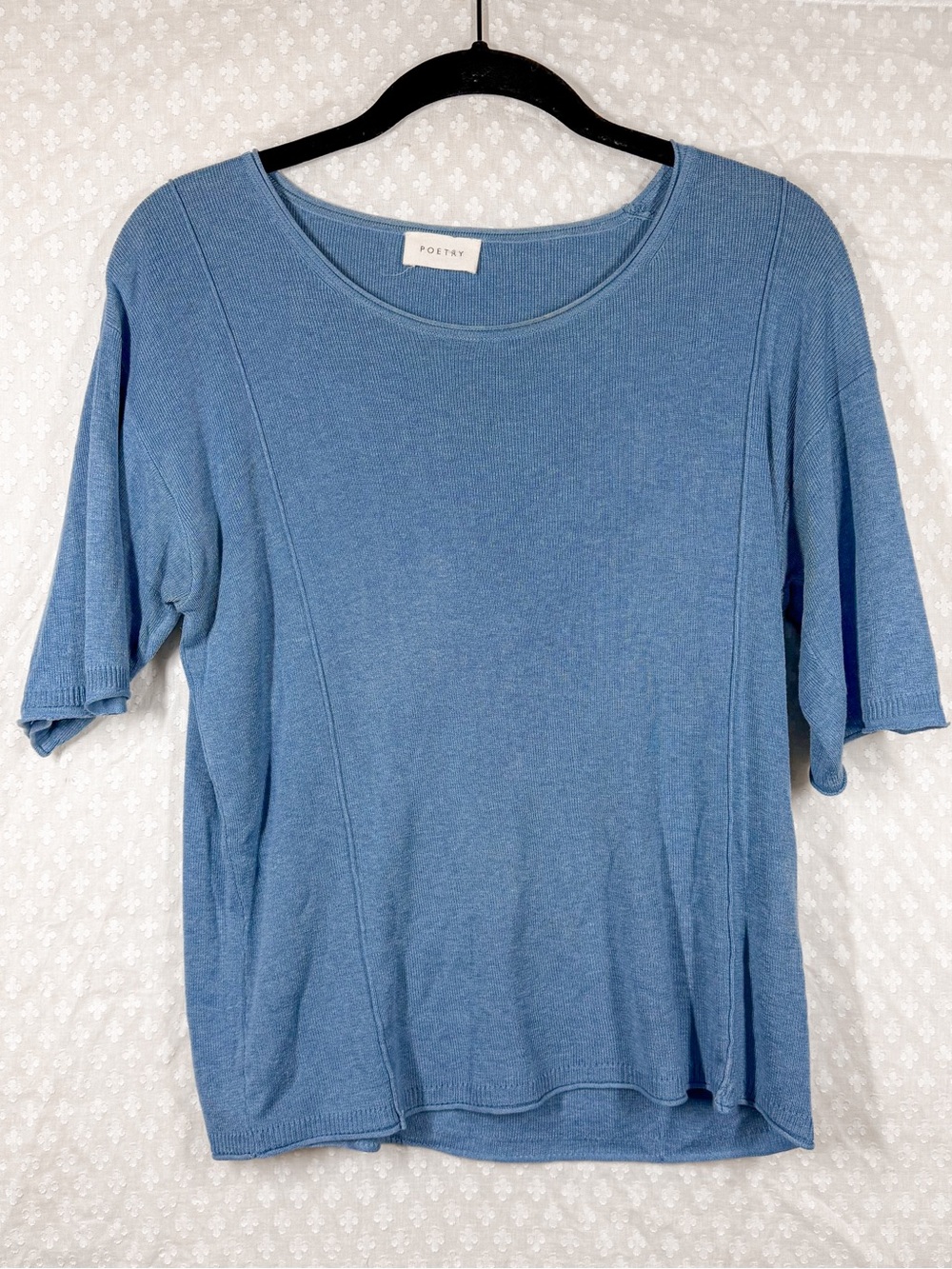 Poetry Blue Silk Linen Blend Ribbed Knit Top